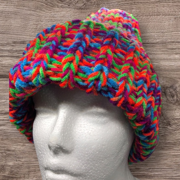 Chunky Ribbed Knit Toboggan Dark Neon Beanie Folded Brim Hat - Picture 11 of 17